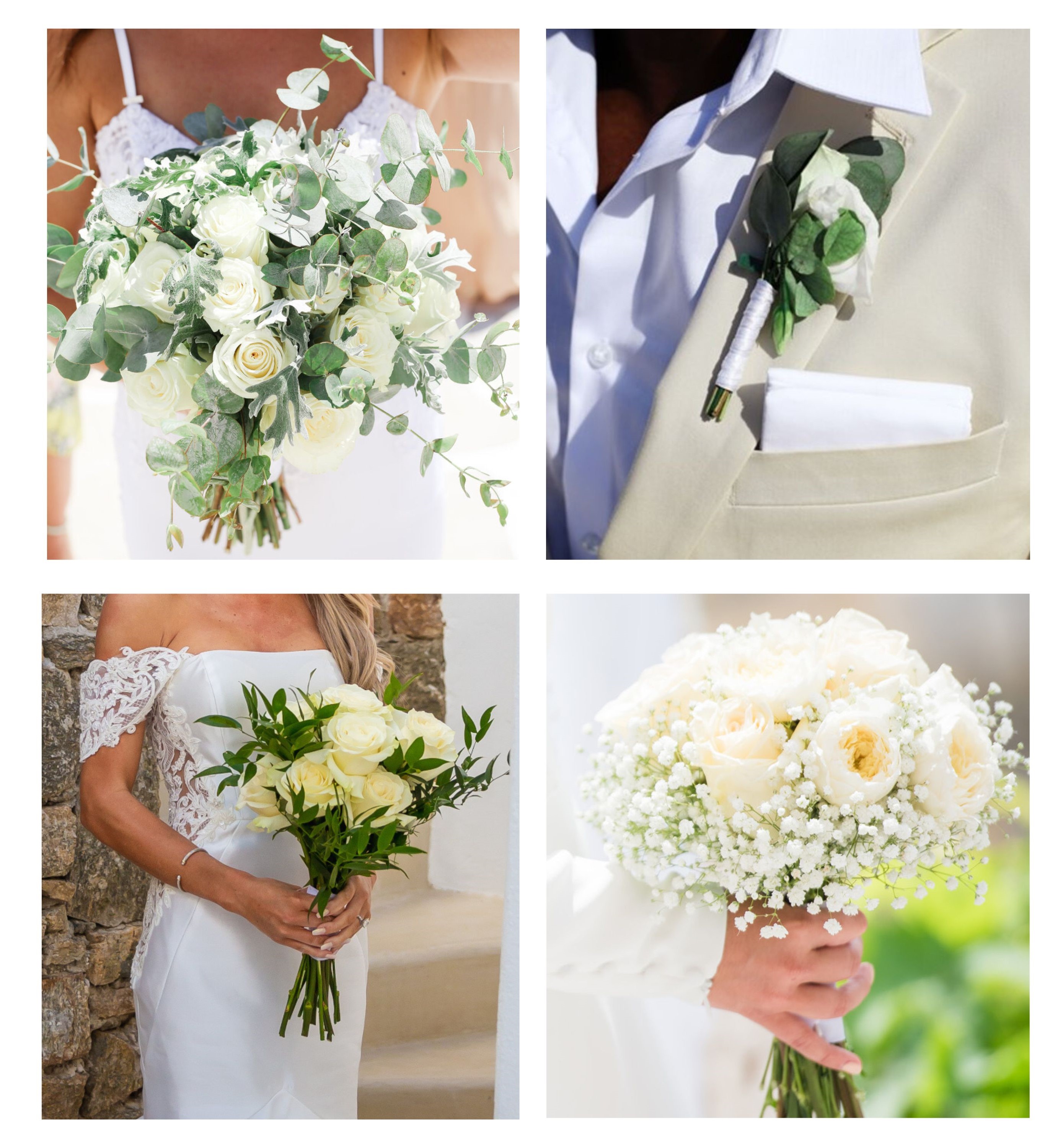 A collage featuring elegant bridal bouquets, a groom's boutonniere, and wildflower arrangements, showcasing romantic floral designs of Mykonos wedding packages.