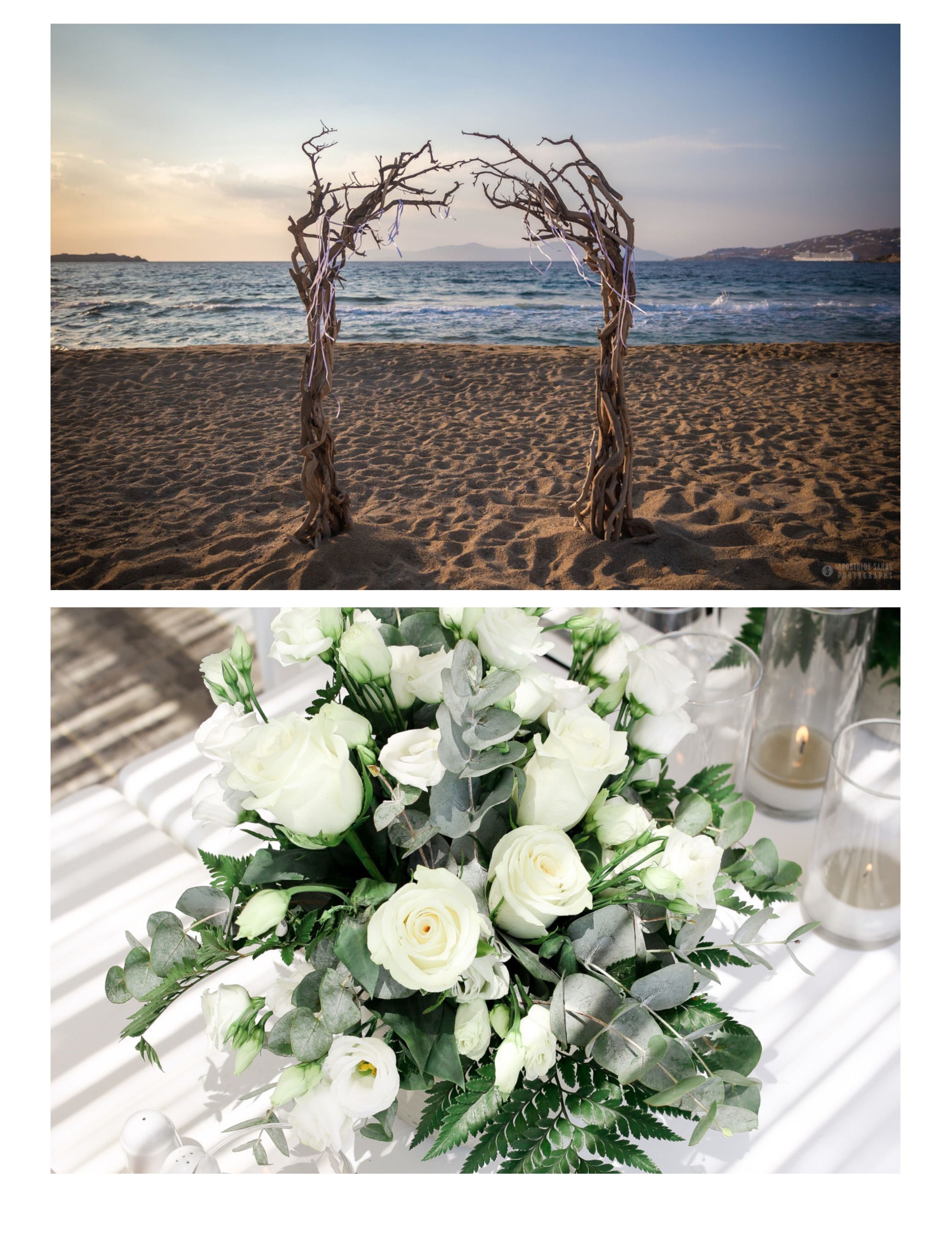 A romantic beach wedding arch made of driftwood with view of Mykonos sea backdrop, paired with an elegant white floral arrangement on a table.