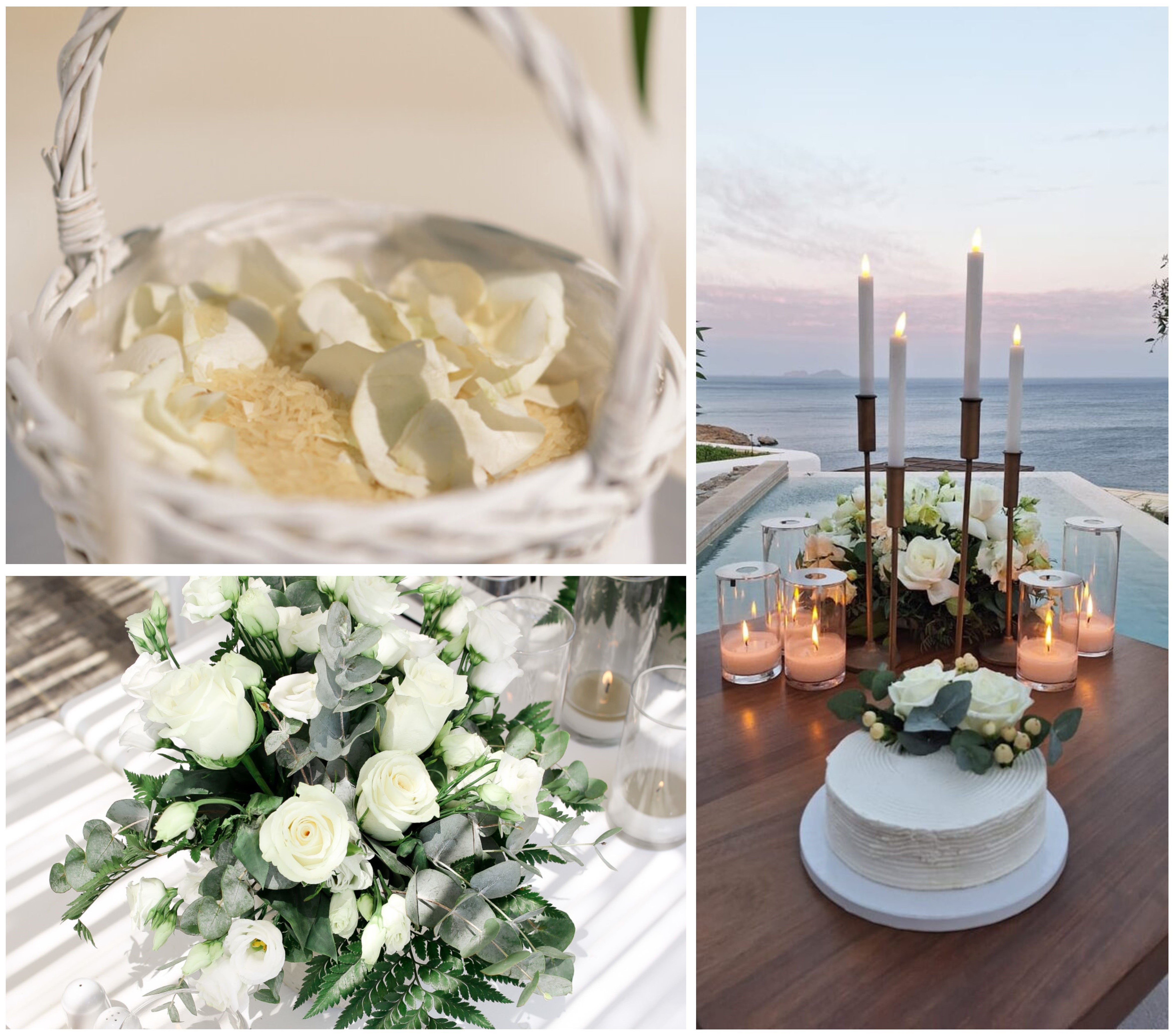 Three elegant wedding details: a basket of rose petals, a lush white floral centerpiece, and a simple cake adorned with greenery by the sea in Mykonos.