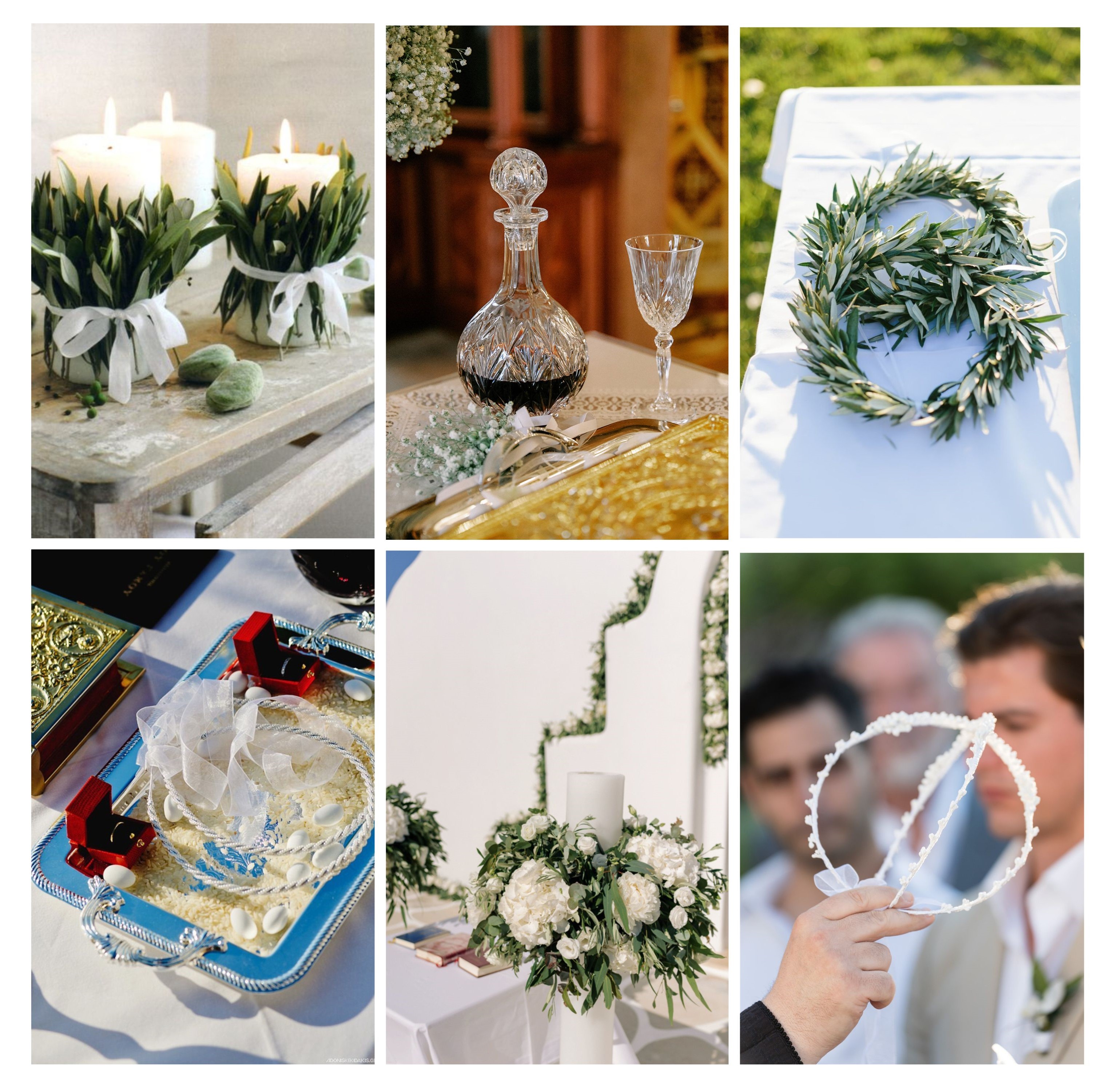 A collection of elegant wedding decor including candles, floral arrangements, a decanter, rings, and ceremonial accessories Mykonos packages.