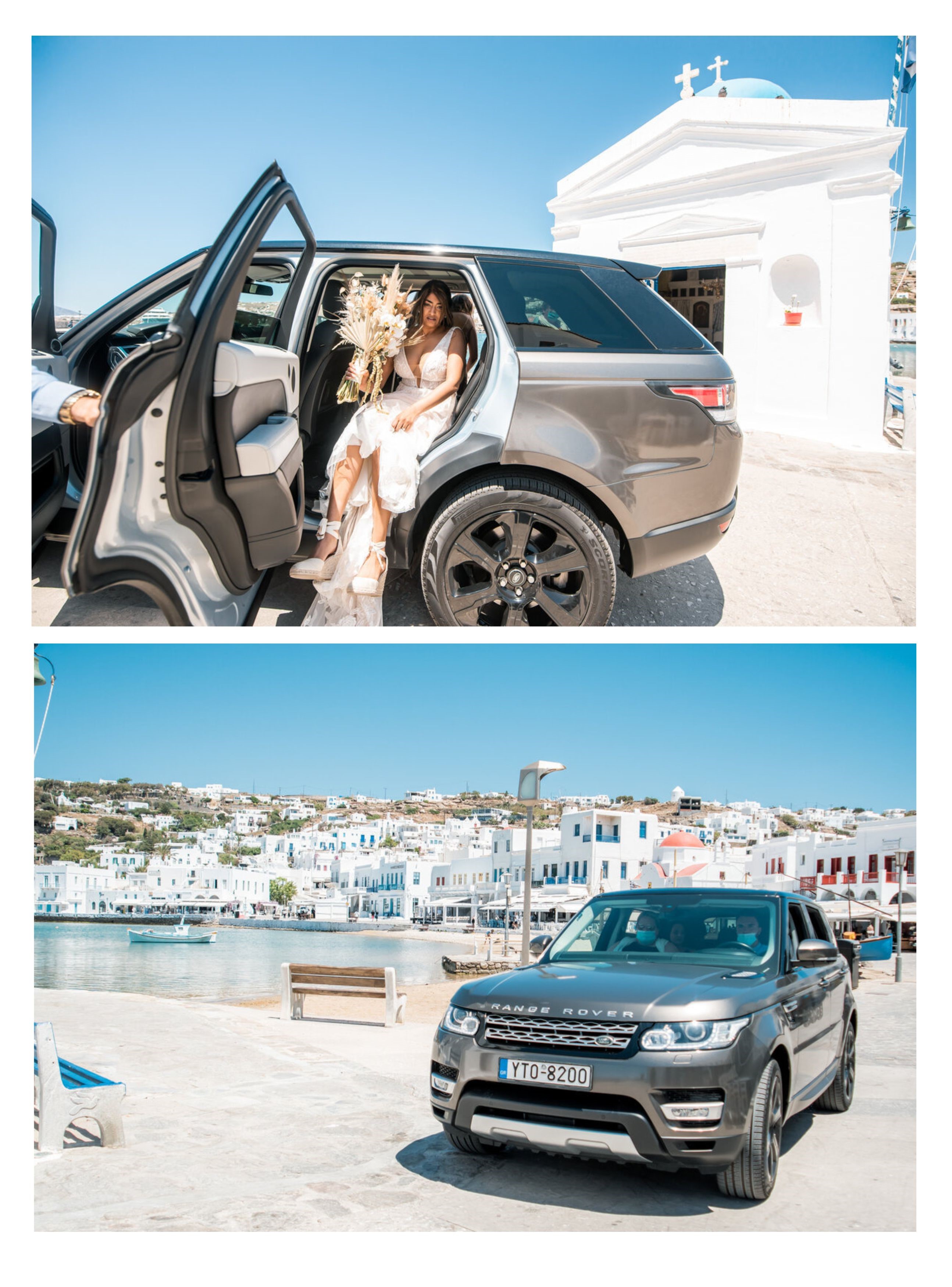 A luxury SUV parked by the shore of Mykonos Town, with white buildings and a clear blue sky in the background, capturing a picturesque coastal scene.